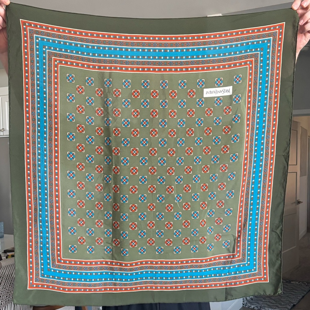 YSL Vintage Olive and Blue Geometric square scarf